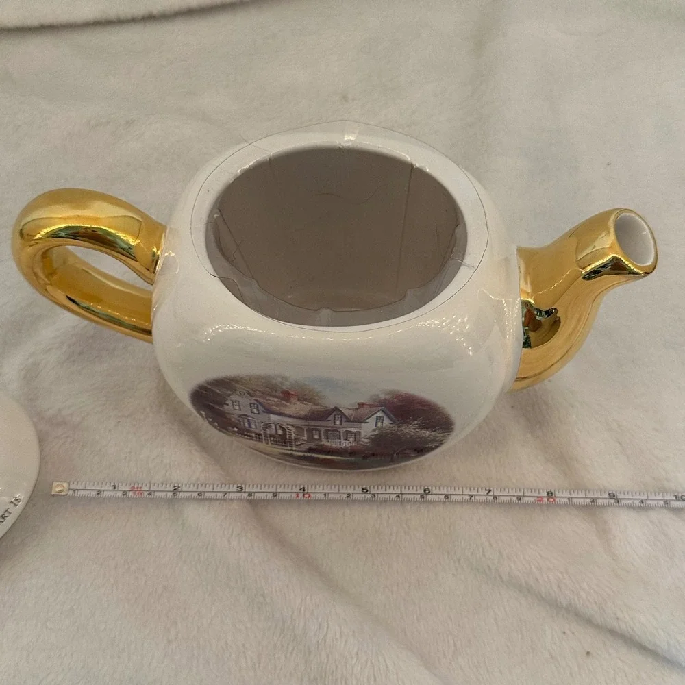Thomas Kinkade Teapot White New Home Is Where The Heart Is Gold Trim Cottage MCM